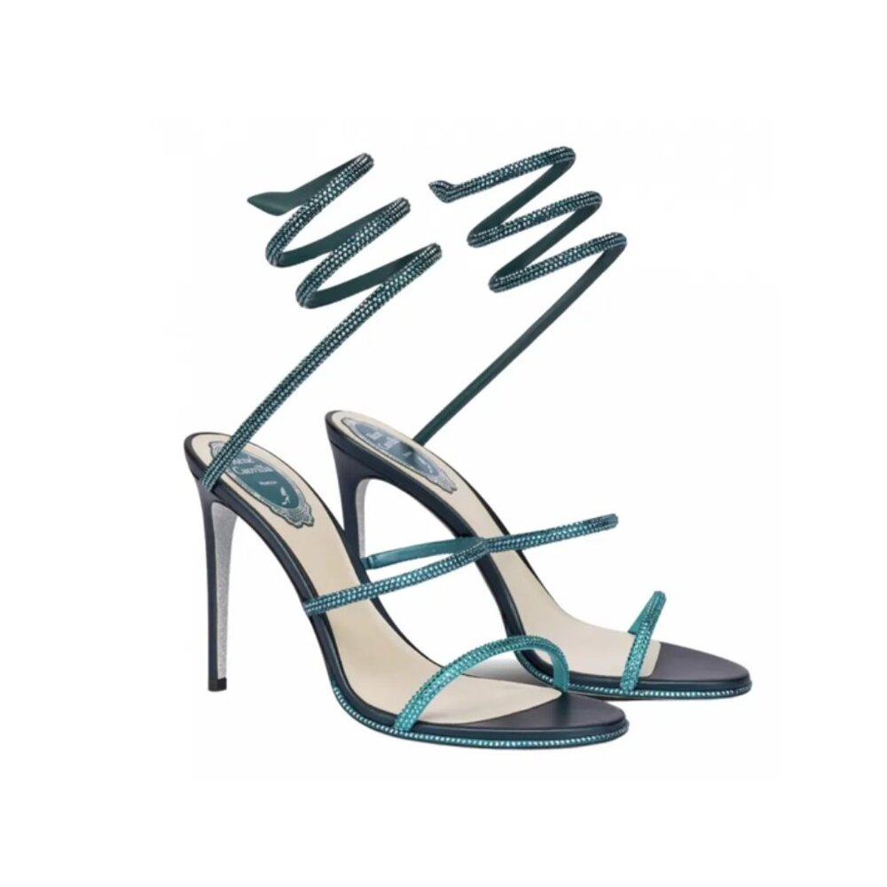 RENE CAOVILLA CLEO CRYSTAL EMBELLISHED LEATHER SANDALS 105 MM PRELOVED SIZE 37.5